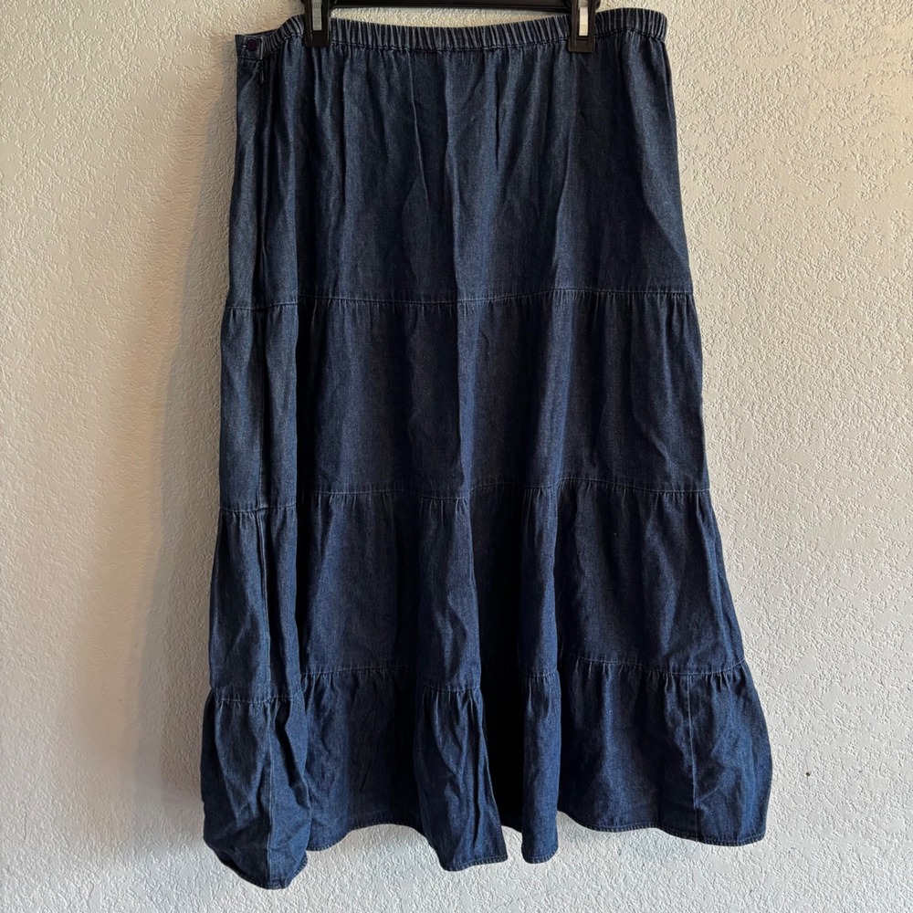 Denim Maxi Skirt XL Long Tiered Boho Modest Prairie Cottagecore Cotton Pull On - Picture 5 of 7